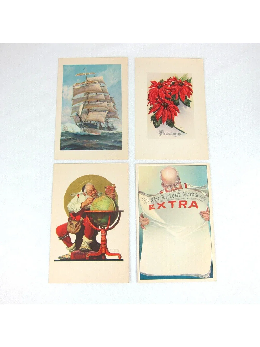 Vintage Christmas Cards Poinsettias Norman Rockwell Santa News & Ship USA Litho